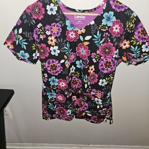 Landau Medium Women's Floral Print Scrub Top - Black and Multicolor